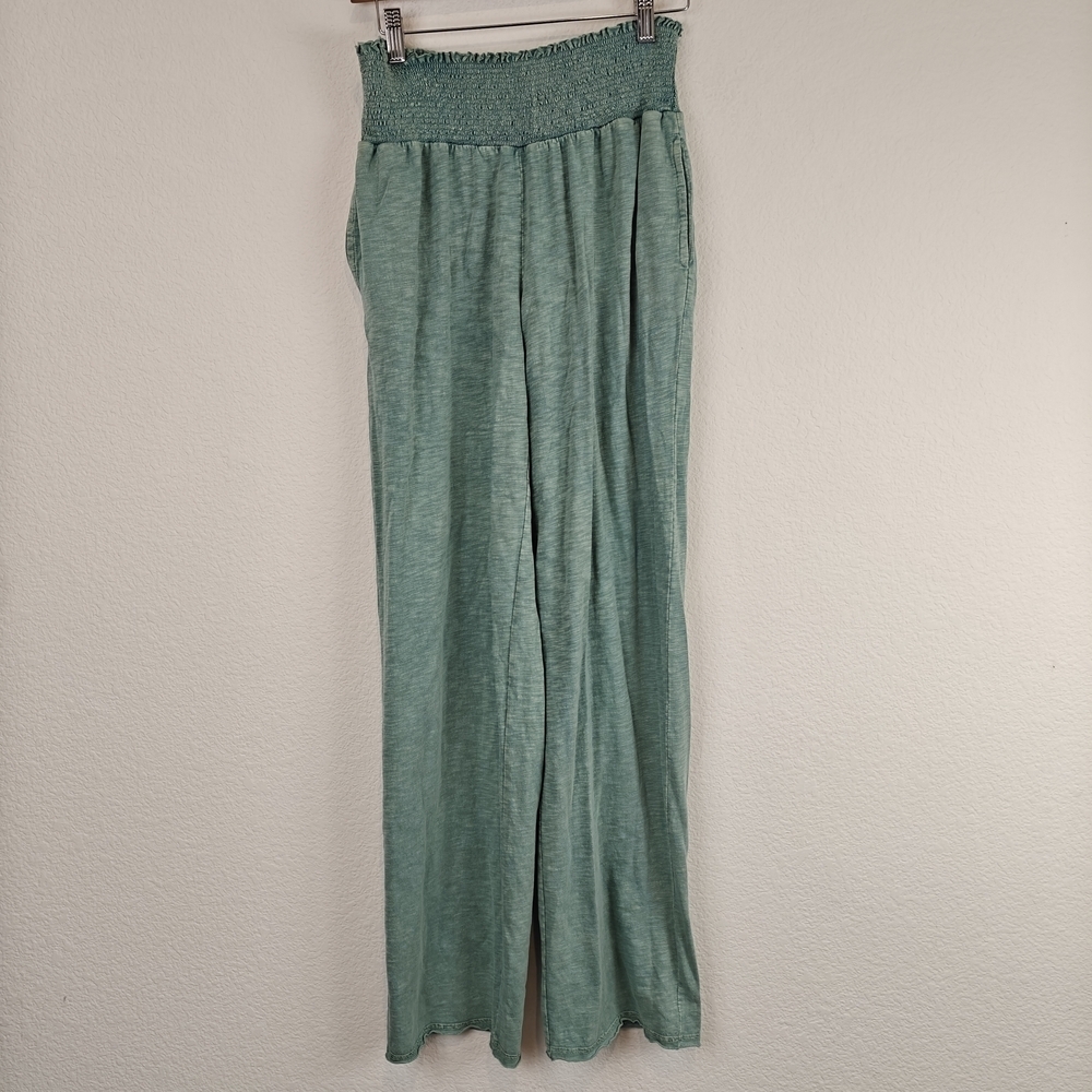 Hello Nite Sea Green 100% Cotton Comfort Smocked Stretch Pant Cozy Loungewear S